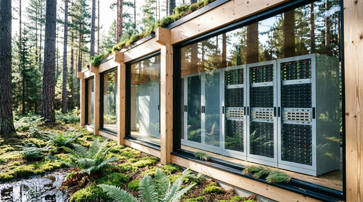 Data center verde con estructura de madera y cubierta vegetal en medio del bosque: los racks de servidores se entrevén a través de las cristaleras